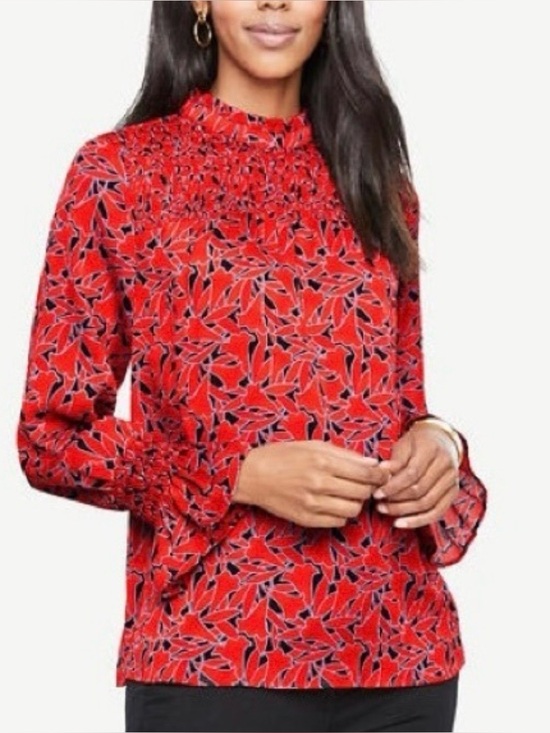 Ann Taylor Tops - Ann Taylor Red Floral Smocked Yoke Blouse with Red Leaf Print Smocked Cuffs XS